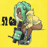  .52_gal_(splatoon) 1girl aqua_hair breasts cleavage closed_mouth commentary_request dark-skinned_female dark_skin eyelashes full_body gun highres holding holding_gun holding_weapon hood hoodie long_hair muramasa_mikado octoling_girl octoling_player_character orange_eyes simple_background sitting solo splatoon_(series) splatoon_3 tentacle_hair thick_eyebrows thighs weapon weapon_name white_swimsuit yellow_background yellow_hoodie 