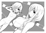  2girls absurdres bikini breasts closed_mouth fangs greyscale hair_over_one_eye highres jashin-chan_dropkick large_breasts long_hair looking_at_viewer monochrome moyuru_pen multiple_girls navel open_mouth persephone_(jashin-chan_dropkick) persephone_ii pointy_ears short_hair simple_background small_breasts smile swimsuit v 