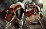  1girl armor ass axe bent_over bottomless breasts breasts_out brown_hair darius_(league_of_legends) elbow_gloves english_commentary feet_out_of_frame female_pubic_hair futanari gauntlets genderswap genderswap_(mtf) gloves hanging_breasts highres holding holding_weapon large_breasts league_of_legends light_smile lips looking_at_viewer md5_mismatch mole mole_above_mouth nipples nose pauldrons pubic_hair pussy red_eyes red_thighhighs sash short_hair shoulder_armor solo testicles themaestronoob thick_thighs thigh_armor thighhighs thighs uncensored underbust very_short_hair weapon 