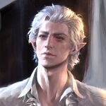  1boy astarion baldur&#039;s_gate baldur&#039;s_gate_3 bite_mark bite_mark_on_neck commentary dungeons_and_dragons elf english_commentary highres hxgn_909 looking_ahead male_focus pointy_ears portrait realistic red_eyes shirt short_hair smile solo white_hair white_shirt 