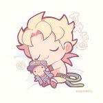  1boy :3 bed_sheet blonde_hair character_doll chibi chibi_only closed_eyes dio_brando full_body hugging_doll hugging_object jojo_no_kimyou_na_bouken kotorai kujo_jotaro lying male_focus no_nose on_side sideburns signature sleeping topless_male translation_request yaoi 