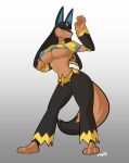 absurd_res anthro anubis_(pal) areola areola_slip baggy_pants big_breasts blue_eyes blue_nose breasts brown_body camel_toe canid canine canis cheek_tuft curvy_figure dipstick_tail egyptian facial_tuft female fist gradient_background hi_res hourglass_figure jackal looking_at_viewer mammal markings nipple_outline pal_(species) palworld pose raised_hand simple_background skimpy_topwear small_waist smug_face solo swaying_hips tail tail_markings thick_thighs tuft vitpla