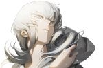  1boy blue_eyes final_fantasy final_fantasy_xiv hand_up hood hood_down hooded_robe long_hair looking_at_viewer male_focus migo45 parted_lips robe simple_background solo sophist&#039;s_robe themis_(ff14) white_background white_hair 