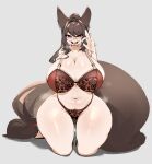  1girl animal_ears blush bra breasts bright_pupils brown_hair commission crr001 curvy fangs fellatio_gesture fox_ears fox_girl fox_tail glasses groin highres huge_breasts kneeling lace lace_bra lace_panties long_hair navel open_mouth original panties ponytail red_bra red_eyes red_panties simple_background solo stomach tail thick_thighs thighs tongue tongue_out underwear very_long_hair white_background white_pupils wide_hips 