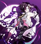  1boy black_hair different_shadow from_side grin hand_up highres long_hair looking_at_viewer male_focus mask migo45 multicolored_hair nijisanji nijisanji_en purple_eyes purple_hair purple_theme shu_yamino shu_yamino_(1st_costume) sideways_glance smile solo standing two-tone_hair virtual_youtuber 