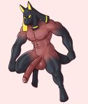 abs anthro anubite balls big_penis brown_body fours_(artist) genitals hi_res male mouthless muscular muscular_male nipples no_pupils pecs penis seth_(fours) solo yellow_eyes