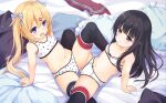  2girls absurdres arm_support azur_lane bangs bare_arms bare_shoulders bed_sheet black_hair black_legwear blonde_hair blue_eyes blunt_bangs blush bow bow_bra bow_panties bra breasts collarbone commentary_request diagonal-striped_bow eyebrows_visible_through_hair feet_out_of_frame frilled_pillow frills grey_eyes hair_between_eyes hair_bow hair_ornament hairclip highres multiple_girls open_mouth panties parted_lips pillow print_bra sakuraba_hikaru_(loveindog) small_breasts star_(symbol) star_panties star_print thighhighs training_bra twintails underwear underwear_only white_bra white_panties z18_(azur_lane) z19_hermann_kunne_(azur_lane) 