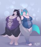 abstract_background absurd_res anthro belly big_belly big_breasts big_butt black_hair blarf blue_eyes blue_hair breasts butt canid canine canis clothing domestic_dog duo fangs female fluffy fluffy_tail green_nose grey_body hair hand_on_breast hi_res huge_breasts humanoid husky leaning_on_another mammal navel nordic_sled_dog one-piece_swimsuit overweight paws pink_eyes pregnant raised_arm sabrina_(f3l4n) spitz swimwear tail teeth thick_thighs wide_hips wolf