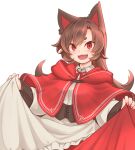  1girl animal_ears blush brown_hair cape dress highres imaizumi_kagerou long_hair long_sleeves looking_at_viewer open_mouth red_cape red_eyes simple_background skirt smile solo tamahana touhou wide_sleeves wolf_ears 
