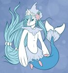  2016 3_fingers aludrakijurorin anthro asterozoan blue_body blue_eyes blue_hair echinoderm fingers flipper_hands hair jewelry long_hair looking_at_viewer male mammal marine nintendo nude pink_nose pinniped pok&eacute;mon pok&eacute;mon_(species) primarina semi-anthro simple_background solo starfish tohora video_games white_body 