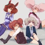  4girls animal_ears asticassia_school_uniform blazer bow bowtie brown_eyes brown_hair chuatury_panlunch crossed_arms crossover edomae_elf grey_hair grin gundam gundam_suisei_no_majo hairstyle_connection highres horse_ears horse_girl hugging_own_legs jacket knees_up long_sleeves looking_at_viewer multiple_girls necktie nice_nature_(umamusume) nora-toro open_clothes open_jacket open_mouth pink_eyes pink_hair plaid plaid_skirt pleated_skirt purple_eyes sailor_collar sakuraba_koma school_uniform serafuku shaded_face sitting skirt slow_loop smile socks sweater thighhighs tracen_school_uniform twintails umamusume yoshinaga_koi zettai_ryouiki 