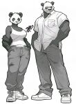  1boy 1girl absurdres bare_shoulders black_jacket breasts cleavage collared_shirt commentary dress_shirt full_body furry furry_female furry_male grey_fur grey_pants hands_in_pockets height_difference highres jacket large_breasts looking_at_viewer midriff monochrome multicolored_fur navel off_shoulder original panda_boy panda_girl pants shirt shoes simple_background smile smirk sneakers symbol-only_commentary tank_top tomochiso untucked_shirt white_background white_footwear white_fur white_tank_top 