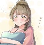  1girl blush closed_mouth collarbone commentary grey_hair highres hugging_object long_hair looking_at_viewer love_live! love_live!_school_idol_project minami_kotori pillow pink_shirt satisfaction-zero shirt smile solo strap translation_request upper_body yellow_eyes 