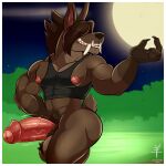 aaron_(artist) anthro athletic athletic_anthro athletic_male balls bottomless butt canid canine canis claws clothed clothing erection fangs foreskin genitals hair hair_over_eyes hi_res humanoid_genitalia humanoid_penis male mammal moon nipples outside partially_clothed partially_retracted_foreskin penis shirt solo tank_top teeth topwear vein veiny_penis were werecanid werecanine werewolf wolf