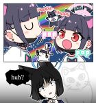  2girls acomu414 animal_ears black_choker black_hair blue_archive blue_halo cat_ears cat_girl choker closed_eyes colored_inner_hair earrings electric_guitar esso_crumb_cat_(meme) extra_ears guitar halo happy_happy_happy_cat_(meme) huh?_cat_(meme) instrument jewelry kazusa_(blue_archive) kikyou_(blue_archive) meme microphone multicolored_hair multiple_girls open_mouth pink_hair pink_halo pop_cat_(meme) red_eyes short_hair smile stud_earrings two-tone_hair 