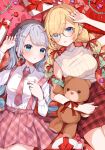  2girls aizawa_ema blue_eyes braid breasts gift glasses hand_up highres kaga_sumire lying medium_breasts multiple_girls on_back plaid plaid_skirt red_ribbon red_skirt ribbon shirt skirt stuffed_animal stuffed_toy sweater teddy_bear twin_braids valentine virtual_youtuber vspo! white_shirt yukijirushi_e 