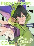  1boy animal_hood black_hair cat_hood dated foreshortening green_background green_eyes green_hoodie grgr_nico happy_birthday highres hood hoodie looking_at_viewer miya_(sk8) outstretched_hand sk8_the_infinity smile solo 