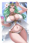  1girl adjusting_eyewear beach bikini blue_sky breasts burnt_green_tea circlet cleavage drink fire_emblem fire_emblem:_three_houses fire_emblem_heroes flower green_eyes green_hair hair_flower hair_ornament hibiscus highres holding holding_drink knee_up large_breasts long_hair looking_at_viewer mature_female navel official_alternate_costume open_mouth palm_tree rhea_(fire_emblem) rhea_(summer)_(fire_emblem) sky smile solo sun sunglasses swimsuit tiara tree white_bikini 