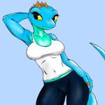 alex_(alex_artist) alex_artist anthro blue_body breasts clothed clothing digital_media_(artwork) female hi_res lizard reptile scalie solo tail yellow_eyes