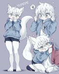  2boys :d animal_ears blue_hoodie blush cat_boy cat_ears cat_tail character_name child commission drawstring fang full_body furry furry_male go_(1o22g) green_eyes grin hood hood_down hoodie male_focus multiple_boys open_mouth original purple_background short_hair short_shorts shorts simple_background smile solo_focus spoken_squiggle squiggle standing tail tears white_hair 