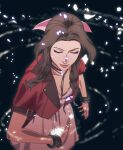  1girl aerith_gainsborough bangle black_background bracelet breasts choker cleavage closed_eyes cropped_jacket dress eyebrow_cut falling_petals final_fantasy final_fantasy_vii final_fantasy_vii_remake flower_choker hair_ribbon highres jacket jewelry light_smile lips long_hair matthewb64 medium_breasts parted_bangs petals pink_dress pink_ribbon red_jacket ribbon short_sleeves sidelocks solo upper_body wavy_hair 