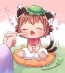  1girl :3 animal_ear_fluff animal_ears barefoot bloomers brown_hair cat_ears cat_tail chen child closed_eyes drooling earrings fang feeding food green_headwear hat heart highres holding holding_spoon ibaraki_natou jewelry mob_cap mouth_drool multiple_tails nekomata open_mouth out_of_frame pov pov_hands short_hair single_earring sitting solo_focus spoon tail touhou two_tails underwear yakumo_ran 