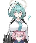  2girls ? ahoge aqua_necktie bag_(chrko_bag) blue_archive blue_eyes breast_rest breasts breasts_on_head closed_eyes collared_shirt hair_intakes halo heterochromia hoshino_(blue_archive) hoshino_(young)_(blue_archive) large_breasts long_hair long_sleeves multiple_girls necktie open_mouth pink_hair shirt short_hair simple_background white_background white_shirt yellow_eyes yume_(blue_archive) 