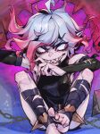  1girl ahoge black_sleeves briar_(league_of_legends) detached_sleeves grey_hair grin knees_up league_of_legends messy_hair phantom_ix_row pink_hair sharp_teeth shiny_skin sitting smile solo teeth translation_request white_eyes 