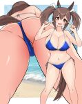  1girl absurdres akizuki_shigure alternate_costume animal_ears bikini blush breasts brown_eyes brown_hair cleavage collarbone commission hair_between_eyes hair_ornament highres hishi_akebono_(umamusume) horse_ears horse_girl large_breasts looking_at_viewer mtu_virus multiple_views navel ocean open_mouth pixiv_commission pointing pointing_at_self short_twintails solo swimsuit twintails umamusume 