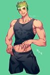  1boy bara black_pants black_tank_top blush genji_(overwatch) green_background green_hair highres large_pectorals looking_at_viewer male_focus muscular muscular_male navel nkraae overwatch overwatch_2 pants pectorals short_hair simple_background smile solo tank_top teeth translation_request 