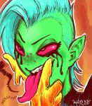 2017 alien alien_humanoid bust_portrait clothed clothing disney eyebrows female fingers freckles green_body green_skin hair hatebit humanoid humanoid_pointy_ears lord_dominator noseless not_furry onomatopoeia pink_sclera portrait signature solo sound_effects teeth text tongue tongue_out wander_over_yonder white_hair