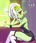 2017 alien alien_humanoid alternate_version_at_source beverage bracelet breasts choker clothed clothing crossed_legs disney dress ear_piercing eyebrows eyelashes female fingers fluffy_(artist) freckles frown green_body green_skin hair hair_over_eye half-closed_eyes humanoid humanoid_pointy_ears jewelry legwear long_hair lord_dominator narrowed_eyes necklace noseless not_furry one_eye_obstructed piercing red_eyes side_boob signature sitting solo spiked_bracelet spikes thigh_highs wander_over_yonder white_hair