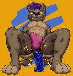 anthro balls bodily_fluids bulge butt canid clenched_teeth clothed clothing digital_media_(artwork) dildo fur genital_fluids genitals hi_res hyena jockstrap jockstrap_only male mammal pecs precum sex_toy sex_toy_insertion solo spotted_hyena struggling_to_fit sweat tall_lizzard_(artist) teeth topless underwear underwear_only
