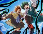  2boys aqua_bodysuit bandana belt belt_pouch bird black_footwear black_pants black_whip_(boku_no_hero_academia) blue_shirt blue_sky boku_no_hero_academia boutonniere briefcase bright_pupils brown_hair chromatic_aberration cloud collared_shirt commentary_request curly_hair day eyewear_on_head falling film_grain floating_hair floating_neckwear flower foot_out_of_frame freckles from_below gloves green_eyes green_hair grey_eyes grey_gloves hands_up highres holding holding_briefcase jacket kishimen_hair knees_up light long_sleeves looking_at_viewer looking_down male_focus mask mask_around_neck midair midoriya_izuku mouth_mask multiple_boys nakamu_405 necktie open_mouth orange_flower outstretched_arms pants partial_commentary patch pino_(boku_no_hero_academia) pixiv_username ponytail pouch red_bandana rody_soul shirt short_hair sky spiked_hair spoilers spread_arms striped_necktie sunglasses surprised tendril twitter_username two-tone_necktie v-shaped_eyebrows white_gloves white_pupils wide-eyed yellow_jacket 