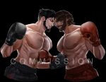  2boys bara beard black_hair boxing boxing_gloves cassidy_(overwatch) commission cropped_legs danny_(felixnosi) facial_hair full_beard hairy highres large_pectorals male_focus mature_male multiple_boys muscular muscular_male navel_hair original pectorals profile short_hair smile sparse_chest_hair thick_eyebrows tiredvoira topless_male wrestler wrestling 