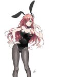  1girl absurdres animal_ears arisugawa_natsuha arm_up armpits bare_shoulders black_leotard bow bowtie breasts cleavage earrings eyebrows_visible_through_hair fake_animal_ears fishnet_legwear fishnets hand_on_hip highres idolmaster idolmaster_shiny_colors jewelry leotard long_hair looking_at_viewer pantyhose playboy_bunny purple_eyes rabbit_ears red_hair simple_background smile solo v white_background wrist_cuffs yasu_(pixiv) 