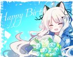  1girl ahoge akaruku animal_ears arknights blue_background blue_flower blue_rose blush border bouquet cat_ears cat_girl closed_eyes commentary english_commentary flower gradient_background hair_ornament hairclip happy_birthday highres holding holding_bouquet long_hair mint_(arknights) open_mouth rose shirt smile solo upper_body wavy_hair white_flower white_hair white_shirt 