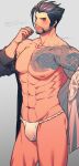  1boy abs arm_tattoo bara bare_pectorals black_hair black_shirt blush chest_tattoo closed_mouth facial_hair fundoshi hanzo_(overwatch) highres japanese_clothes large_pectorals looking_at_viewer male_focus muscular muscular_male navel nipples nkraae open_clothes open_shirt overwatch overwatch_2 pectorals shirt short_hair simple_background solo tattoo thighs translation_request two-tone_shirt white_shirt 