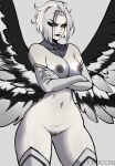  1girl absurdres angel angel_wings black_lips breasts colored_skin dark_nipples elbow_gloves feathered_wings female_pubic_hair gloves grey_wings hazbin_hotel highres looking_at_viewer lute_(hazbin_hotel) navel_piercing nipple_piercing nipples nnerocchi nude piercing pubic_hair pubic_stubble pussy solo thighhighs thighs two-tone_wings white_hair white_skin wings yellow_eyes 