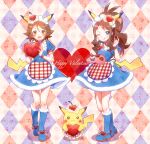  1boy 1girl :d ;q alternate_costume apron argyle argyle_background blue_dress blue_footwear blush boots brown_eyes brown_hair chocolate commentary_request crossdressing cupcake dress food food_on_face headdress highres hilbert_(pokemon) hilda_(pokemon) holding holding_food holding_tray knees n._(enudotto_dott) one_eye_closed open_mouth pikachu pikachu_ears pikachu_tail pokemon pokemon_(creature) pokemon_bw pokemon_ears pokemon_tail puffy_sleeves short_hair short_sleeves smile standing tail tongue tongue_out tray waist_apron 