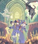  4girls arch bad_drawr_id bad_id belt black_eyes blonde_hair blue_dress blue_socks closed_mouth diana_cavendish dragon dress full_body green_sky hair_over_one_eye half-closed_eyes hat holding holding_wand indoors kagari_atsuko kneehighs little_witch_academia long_hair lotte_jansson luna_nova_school_uniform multiple_girls oekaki planted planted_sword red_belt round_eyewear ruins school_uniform short_hair sky socks standing sucy_manbavaran suya000 sword wand weapon window witch witch_hat 