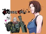  1boy 1girl bare_shoulders blue_shirt bob_cut breasts brown_hair closed_mouth cropped_torso harness heart highres hitsuji_merry holding holding_rocket_launcher holding_weapon jill_valentine looking_at_viewer medium_breasts orange_background resident_evil resident_evil_3:_nemesis resident_evil_3_(remake) rocket_launcher shirt short_hair sleeveless sleeveless_shirt swept_bangs teeth upper_body v weapon zombie 