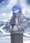  1girl absurdres blue_eyes blue_hair blue_nails blue_skin coat colored_skin day glasses grey_coat hand_in_pocket highres jio_pi long_sleeves looking_up medium_hair original outdoors snowflakes snowing solo standing zipper 