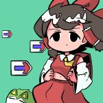  1girl algodoo arrow_(symbol) ascot backpack bag black_eyes bow brown_hair closed_mouth collared_shirt commentary cookie_(touhou) daiyousei detached_sleeves diyusi_(cookie) empty_eyes expressionless feet_out_of_frame frilled_hair_tubes frills green_background hair_bow hair_tubes hakurei_reimu highres kyoufuu_all_back_(vocaloid) long_hair looking_at_viewer medium_bangs navel noel_(cookie) red_bag red_bow red_shirt red_skirt shirt simple_background skirt skirt_set sleeveless sleeveless_shirt solo sukusuku_hakutaku symbol-only_commentary sznkrs touhou white_sleeves yellow_ascot 