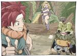  1girl 2boys ayla_(chrono_trigger) blonde_hair blue_eyes blue_tunic boots border cape cavewoman chrono_trigger closed_eyes crono_(chrono_trigger) crop_top curly_hair dated frog frog_(chrono_trigger) frog_boy fur_boots fur_cuffs fur_scarf fur_shirt fur_skirt furrowed_brow green_eyes grey_cape grey_footwear grey_fur grey_pants grey_scarf grey_shirt grey_skirt grin headband jungle long_hair midriff multiple_boys nature navel neckerchief open_mouth orange_neckerchief outdoors pants pointing red_hair scarf sharp_na_ago shirt short_hair skirt smile spiked_hair strapless sweatdrop tree tube_top twitter_username white_border white_headband 