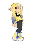  1girl agent_3_(splatoon_3) black_pants blonde_hair blue_hair closed_mouth commentary eyebrow_cut full_body gradient_hair highres inkling_girl inkling_player_character jacket long_hair multicolored_hair pants pointy_ears shoes simple_background solo splacon splatoon_(series) splatoon_3 standing tentacle_hair two-tone_hair white_background yellow_eyes yellow_footwear yellow_jacket 