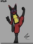 2023 anthro blush breasts canid canine colored digital_drawing_(artwork) digital_media_(artwork) ears_up female female_focus flexible fur generation_4_pokemon genitals gesture hand_on_leg hand_on_thigh hi_res looking_at_viewer lucario mammal navel nintendo nipples nude one_leg_up pokemon pokemon_(species) portrait purple_eyes pussy raised_leg red_body red_fur rilo rilo_roshigan signature simple_background smile solo solo_focus v_sign yellow_body