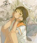  1girl abstract_background bigskycastle black_wings brown_eyes brown_hair clenched_hands closed_mouth crossed_ankles dress elbow_rest feathered_wings feet_out_of_frame floral_background from_side haibane_renmei halo head_rest highres knees_up leaf looking_at_viewer looking_to_the_side looking_up rakka_(haibane) red_sailor_collar sailor_collar sailor_dress short_hair short_sleeves sitting solo white_dress wings 