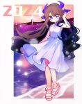  1girl 2024 absurdres akaruku alternate_costume arknights beach border bow breasts brown_hair commentary dress english_commentary full_body hair_bow hand_up highmore_(arknights) highres light lighthouse long_hair looking_at_viewer multicolored_hair ocean outdoors parted_lips pink_sky purple_bow purple_eyes purple_hair sandals sidelocks sky sleeveless sleeveless_dress small_breasts solo streaked_hair walking white_dress white_footwear 