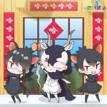  3girls animal_ears apron australian_devil_(kemono_friends) black_eyes black_hair blackbuck_(kemono_friends) bow bowtie chinese_text cloak copyright_name elbow_gloves extra_ears eyepatch gloves highres horns kemono_friends kemono_friends_3 kurokw_(style) long_hair looking_at_viewer multicolored_hair multiple_girls official_art pantyhose red_eyes shirt short_hair shorts skirt sleeveless sleeveless_shirt tail tasmanian_devil_(kemono_friends) thighhighs two-tone_hair weapon white_hair 